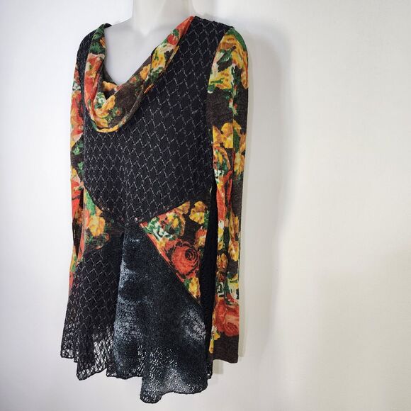 This & That Blouse Large Multicolor Mix Media Cowl Neck Crochet Patchwork Sheer - Picture 5 of 11